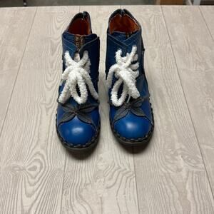 TMA EYES Blue Leather Ankle Boots BoHo Womens 6 Chunky Heel Lace Up Zip Artsy